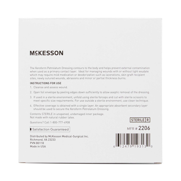 Xeroform Petrolatum Dressing McKesson 4 X 4 Inch Gauze Bismuth Tribromophenate Sterile 2206 Box/25 2206 MCK BRAND 865271_BX