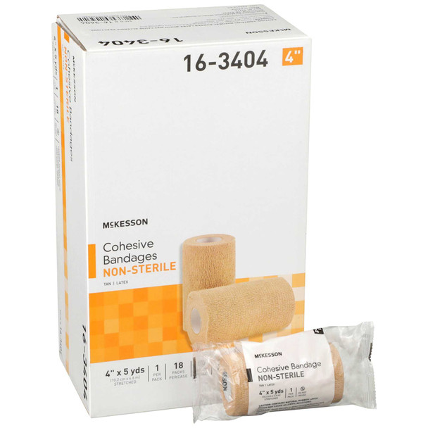 Cohesive Bandage McKesson 4 Inch X 5 Yard Standard Compression Self-adherent Closure Tan NonSterile 16-3404 Case/18 16-3404 MCK BRAND 464154_CS
