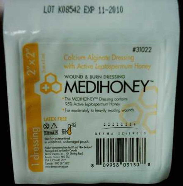 Calcium Alginate Dressing MEDIHONEY 2 X 2 Inch Square Calcium Alginate / Active Leptospermum Honey Sterile 31022 Box/10 31022 MCK BRAND 683998_BX