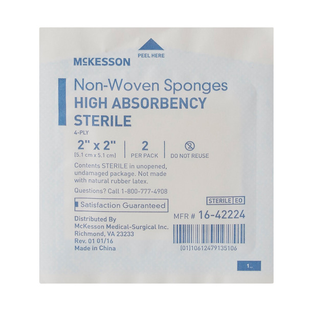 Nonwoven Sponge McKesson 2 X 2 Inch 2 per Pack Sterile 4-Ply Square 16-42224 Box/50