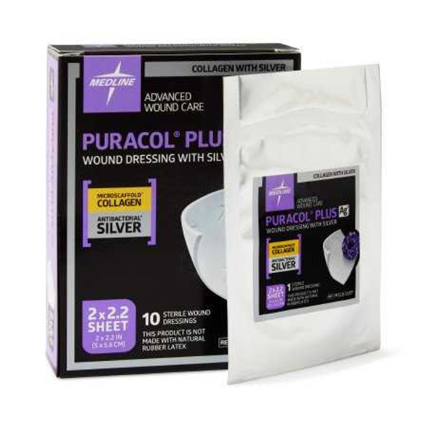 Collagen Dressing with Silver PuracolPlus AG 2 X 2 Inch Square Silver MSC8722EP Box/10 MEDLINE 873561_BX