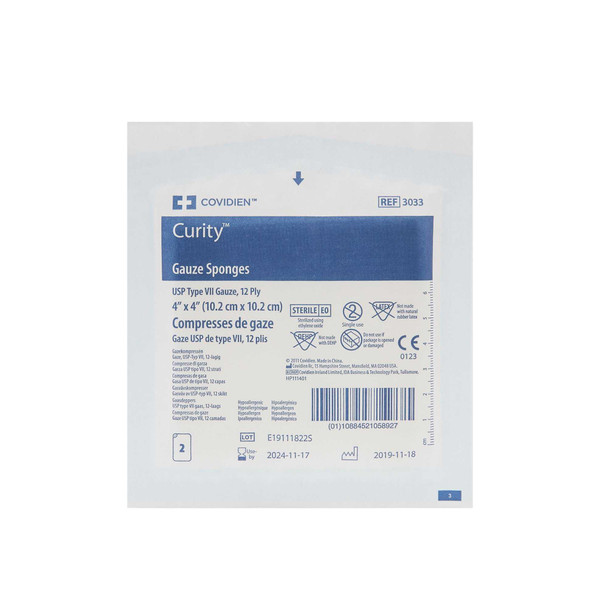 Gauze Sponge Curity Gauze 12-Ply 4 X 4 Inch Square Sterile 3033 Box/50 3033 KENDALL HEALTHCARE PROD INC. 401581_TR