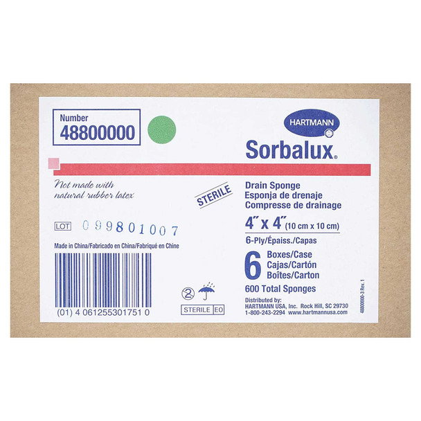 Drain Sponge Sorbalux Polyester / Rayon 4 X 4 Square Sterile 48800000 Box/100 48800000 HARTMAN USA, INC. 1086889_BX