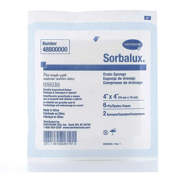 Drain Sponge Sorbalux Polyester / Rayon 4 X 4 Square Sterile 48800000 Box/100 48800000 HARTMAN USA, INC. 1086889_BX