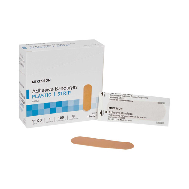 Adhesive Strip McKesson 1 X 3 Inch Plastic Rectangle Tan Sterile 16-4821 Box/100 16-4821 MCK BRAND 466878_BX