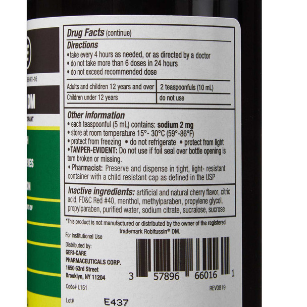 Cough Relief McKesson Brand 100 mg / 10 mg Strength Liquid 16 oz. 57896066016 BT/1 57896066016 MCK BRAND 633798_BT