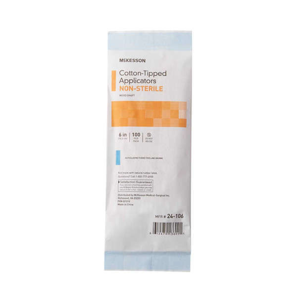 Swabstick McKesson Cotton Tip Wood Shaft 6 Inch NonSterile 100 per Pack 24-106 Box/1000 24-106 MCK BRAND 508716_BX