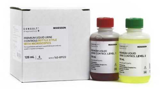Urine Chemistry Premium Liquid Urine Bottle Controls 2 Levels McKesson Consult Microscopic Testing Positive / Negative 2 Level 1 Abnormal 120 mL Bottles 2 Level 2 Normal with hCG 120 mL Bottles 163-89123 Box/4 MCK BRAND 1057389_BX
