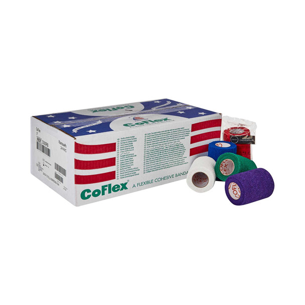 Cohesive Bandage Co-Flex 3 Inch X 5 Yard Standard Compression Self-adherent Closure Teal / Blue / White / Purple / Red / Green NonSterile 3300RB Case/24 ANDOVER COATED PRODUCTS INC 257217_CS