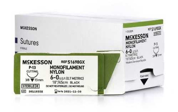 Suture with Needle McKesson Nonabsorbable Black Monofilament Nylon Size 6-0 18 Inch Suture 1-Needle 13 mm 3/8 Circle Reverse Cutting Needle S1698GX Box/12 MCK BRAND 1034505_BX