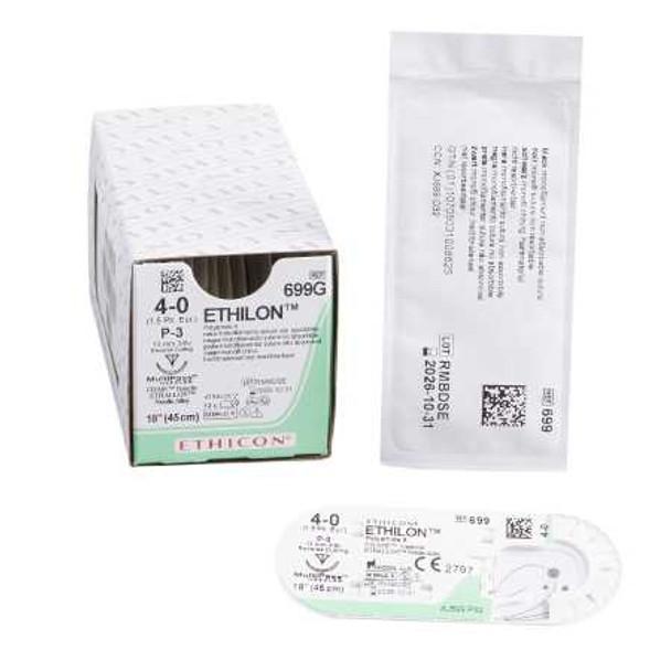 Suture with Needle Ethilon Nonabsorbable Black Monofilament Nylon Size 4-0 18 Inch Suture 1-Needle 13 mm 3/8 Circle Precision Point - Reverse Cutting Needle 699G Box/12 PC SOURCING 2689_BX