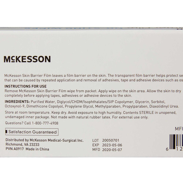 Skin Barrier Wipe McKesson No Sting 75 to 100% Strength Hexamethyldisiloxane Individual Packet Sterile 176-5728 Case/2500 305551 MCK BRAND 1088820_CS