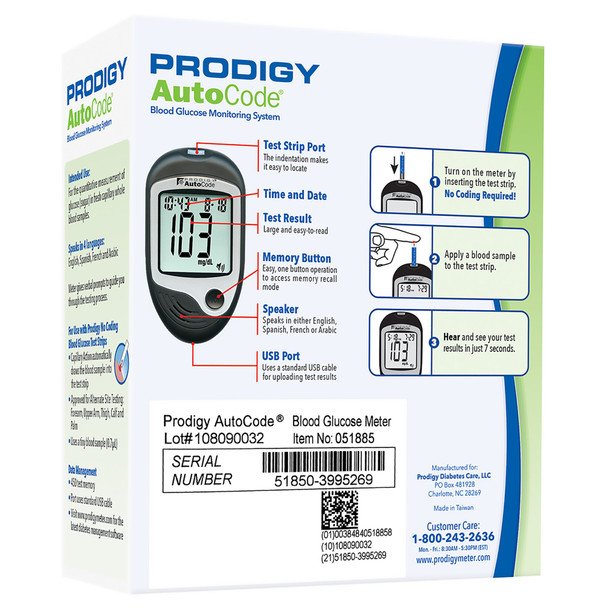 Blood Glucose Meter Prodigy® 7 Second Results Stores up to 450 Results No Coding Required 51885 Each/1