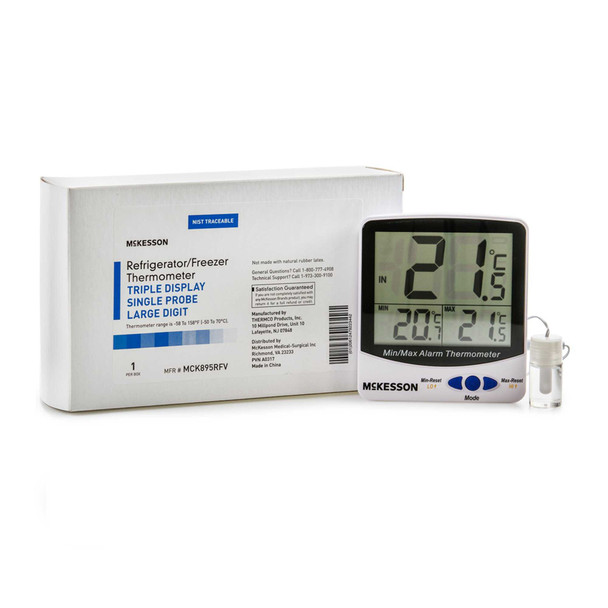 Digital Refrigerator / Freezer Thermometer with Alarm McKesson Fahrenheit / Celsius -58 to 158 F -50 to 70 C Glycol Bottle Probe / Internal Sensor Multiple Mounting Options Battery Operated MCK895RFV Each/1 300 MCK BRAND 1074440_EA