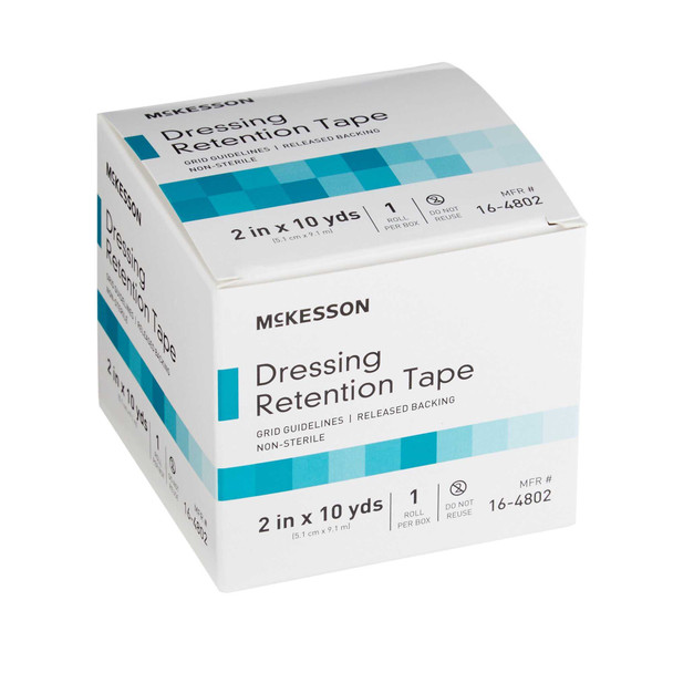 Dressing Retention Tape McKesson Water Resistant Nonwoven Fabric / Printed Release Paper 2 Inch X 10 Yard White NonSterile 16-4802 Case/24 191M MCK BRAND 1087971_CS