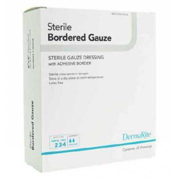 Adhesive Dressing DermaRite Bordered Gauze 3-3/5 X 4 Inch Gauze Square White Sterile 11364 Each/1 918309 DermaRite Industries 946442_EA