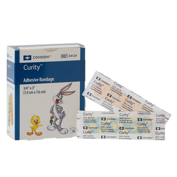 Adhesive Strip Curity 3/4 X 3 Inch Plastic Rectangle Kid Design Assorted Looney Tunes Sterile 44124 Box/1 F40608 Cardinal 867805_BX