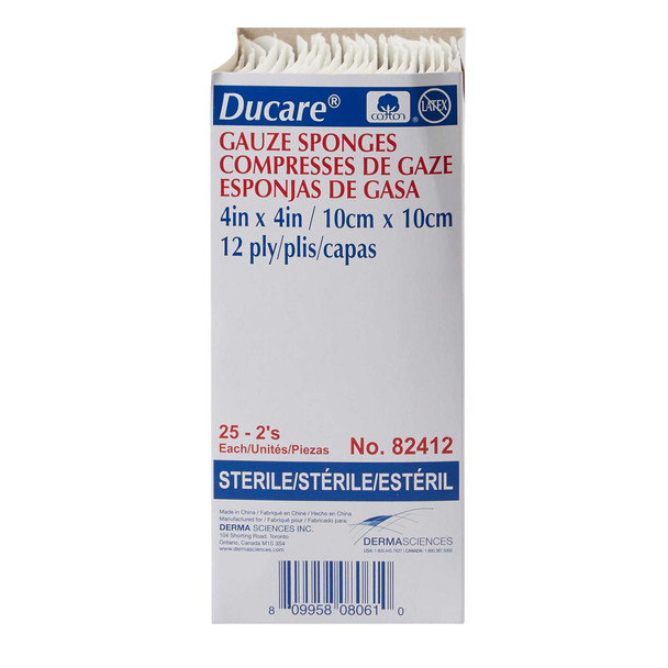 Gauze Sponge Ducare Cotton 12-Ply 4 X 4 Inch Square Sterile 82412 Case/600 02MSR Derma Sciences 645795_CS