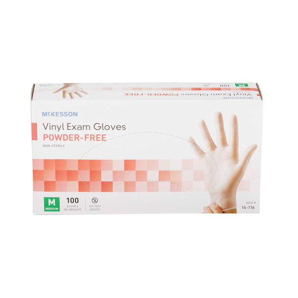 Exam Glove McKesson NonSterile Clear Powder Free Vinyl Ambidextrous Smooth Not Chemo Approved Medium 14-116 Box/100 14-116 MCK BRAND 354439_BX