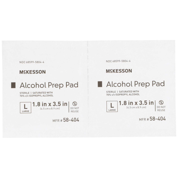 Alcohol Prep Pad McKesson Isopropyl Alcohol 70% Individual Packet Large 3.5 L X 1.7 H Inch Sterile 58-404 Case/1000 58-404 MCK BRAND 225940_CS