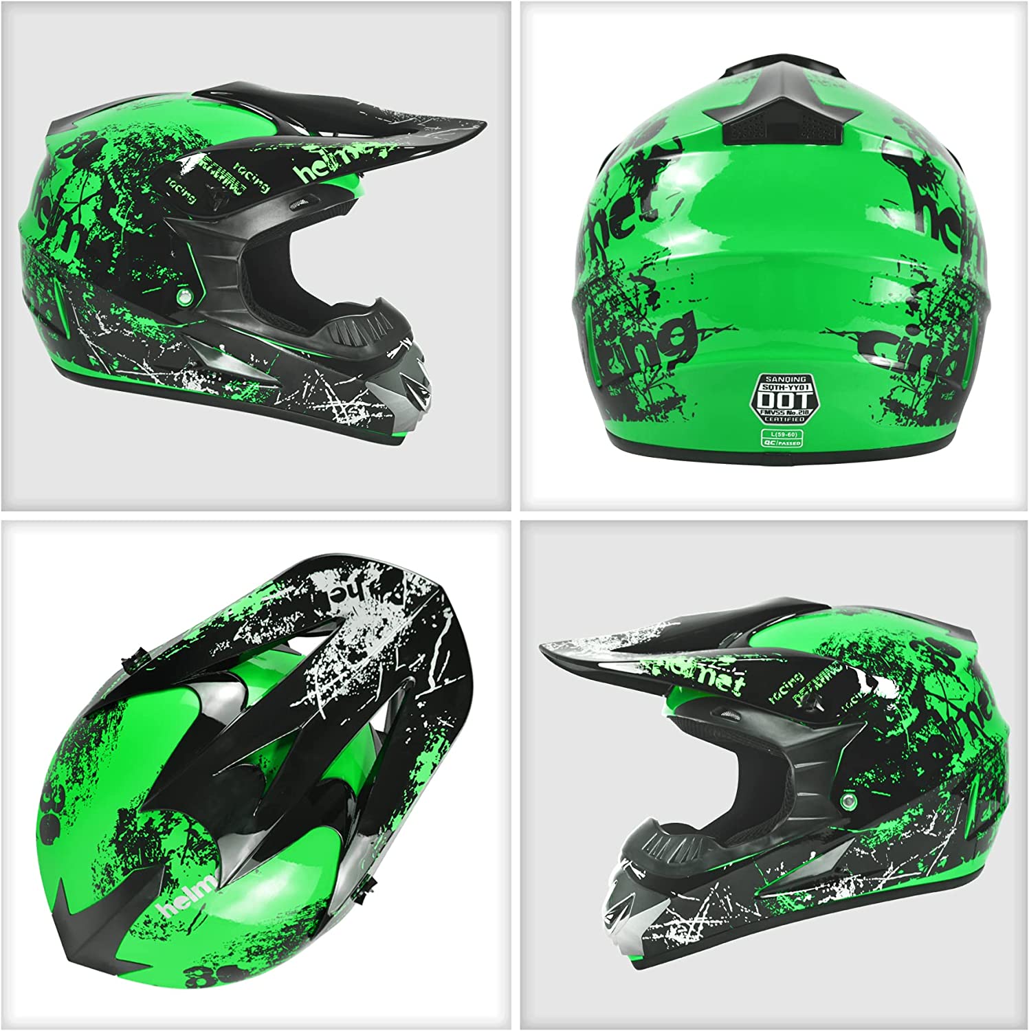 Motocross Helmet Fashion Youth Adult Dirt Bike Helmets Motorcycle Helmets for Adults DOT Approved (Gloves Goggles Face Shield) 4Pcs Set (Green, X-Large)