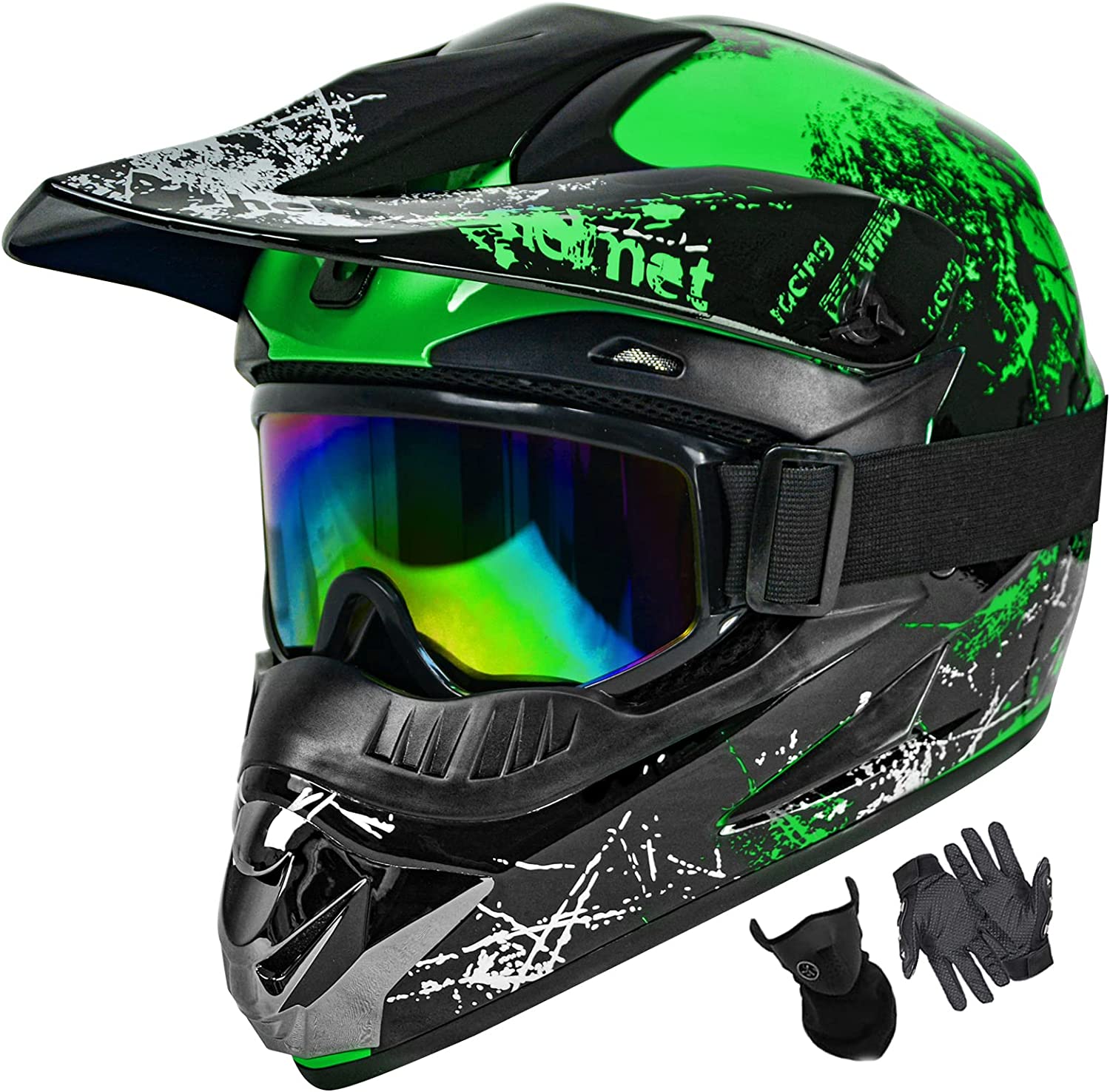 Motocross Helmet Fashion Youth Adult Dirt Bike Helmets Motorcycle Helmets for Adults DOT Approved (Gloves Goggles Face Shield) 4Pcs Set (Green, X-Large)