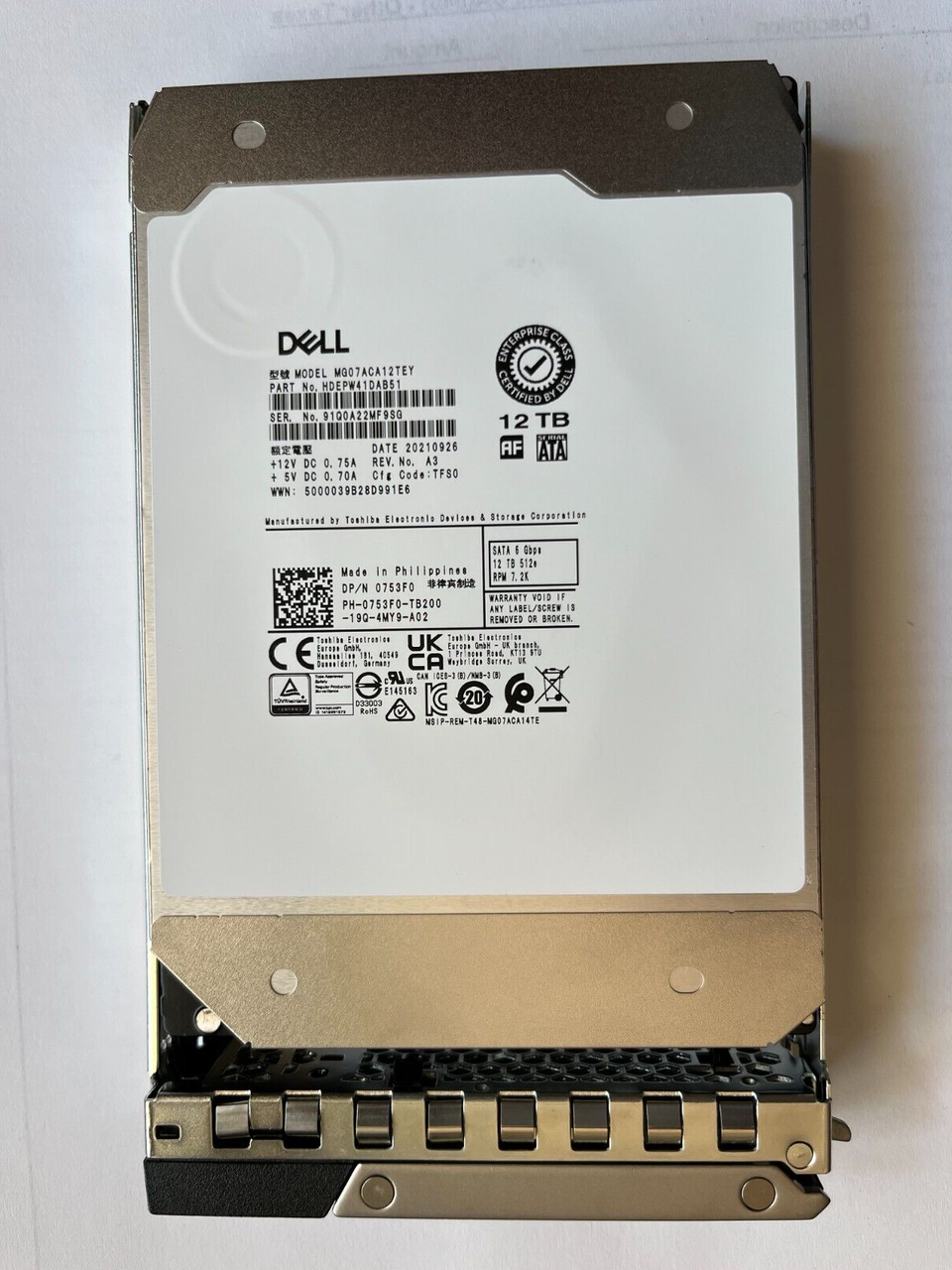 753F0 DELL TOSHIBA 12TB 7.2K SATA 3.5'' 6Gbs HDD MG07ACA12TEY 512e 0753F0 T550