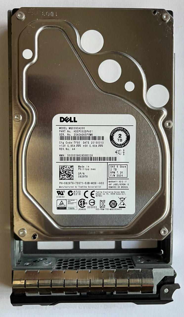 829T8 DELL TOSHIBA MG03SCA200 2TB SAS 7.2K 6Gbps 3.5" HDD 829T8 HARD DRIVE R530