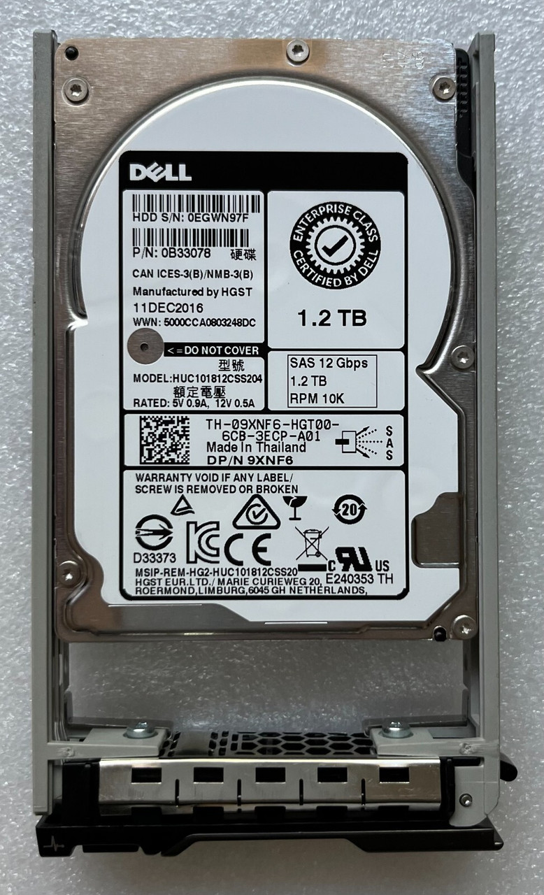 9XNF6 DELL 1.2TB 10K SAS 2.5'' SFF 12Gb/s HDD HUC101812CSS204 09XNF6 HARD DRIVE