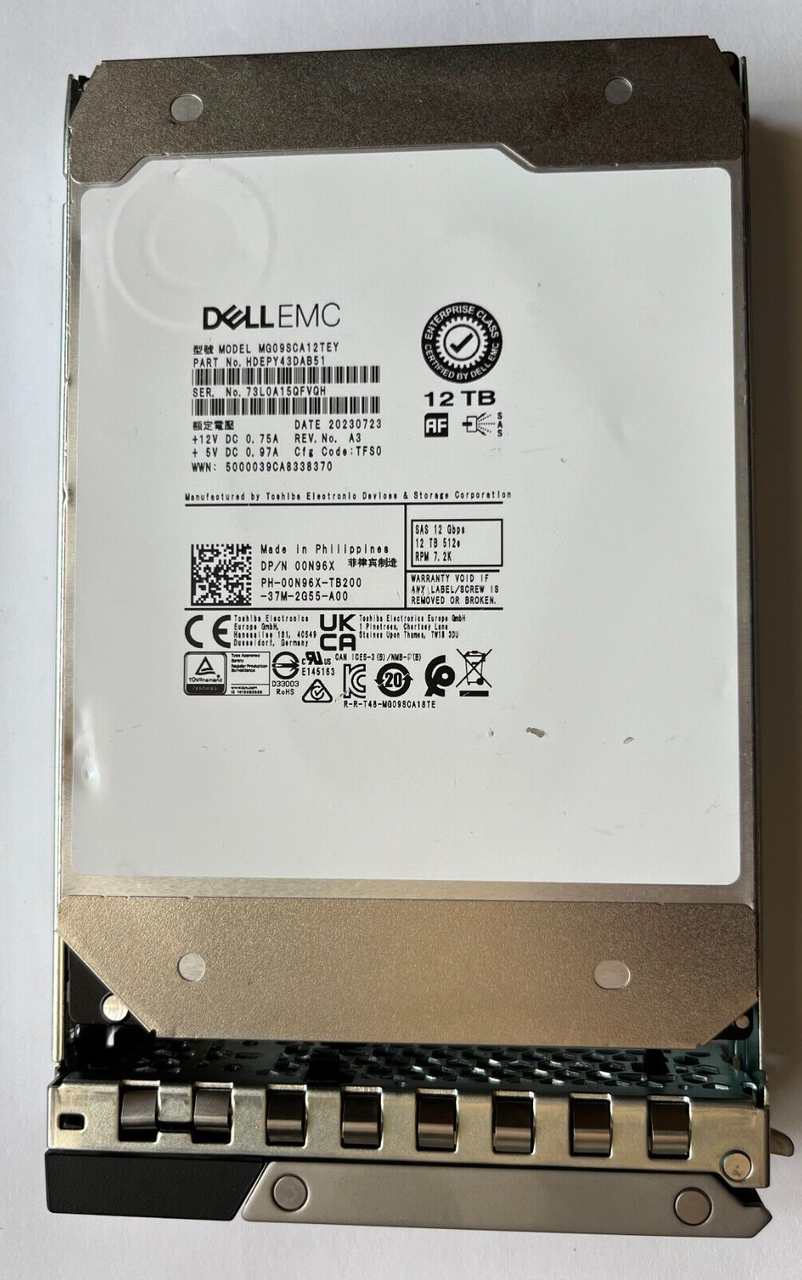 0N96X DELL TOSHIBA MG09SCA12TEY 12TB 7.2K 12Gbps NL SAS 3.5'' 512e HDD 00N96X