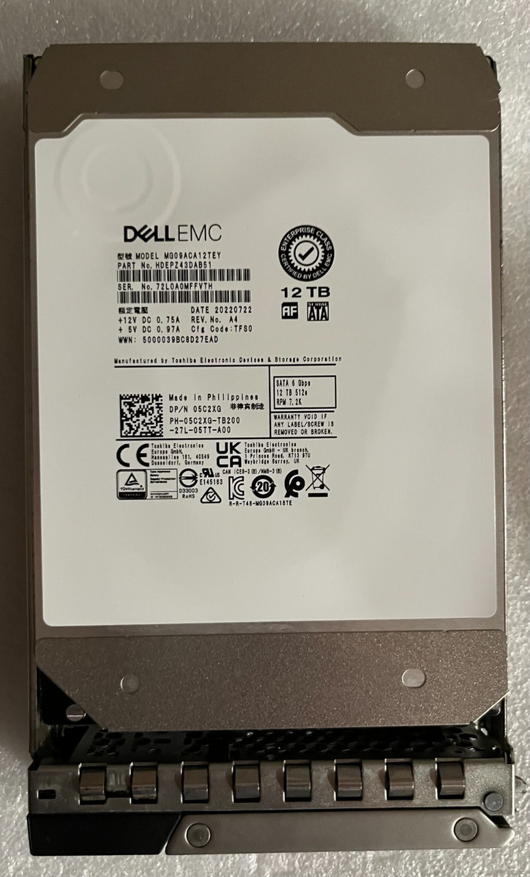 5C2XG DELL EMC 12TB 7.2K SATA 6Gb/s 3.5" 512e HDD 05C2XG MG09ACA12TEY