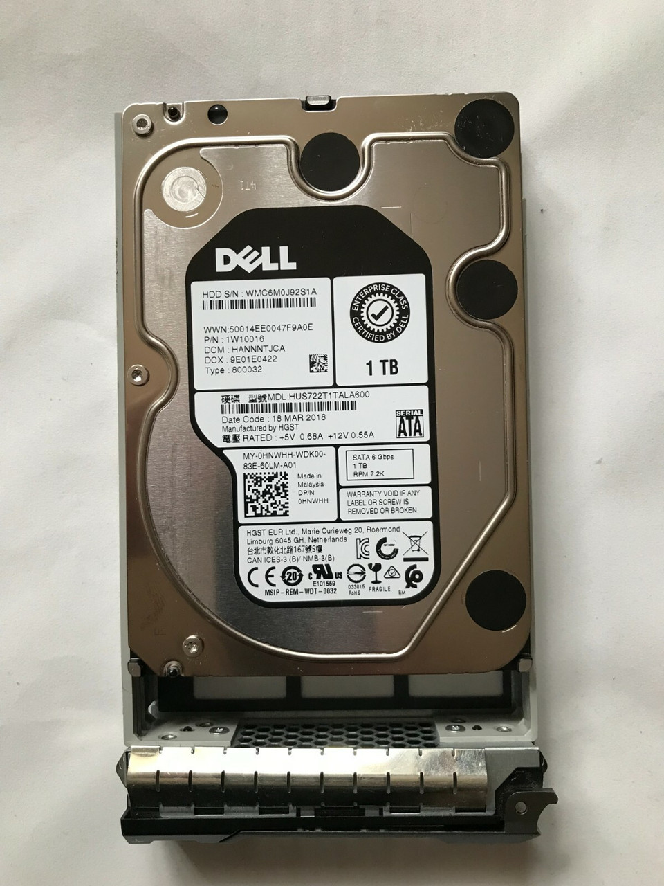 HNWHH Dell EMC 1TB HDD 7.2K RPM 3.5" SATA HITACHI HUS722T1TALA600 R720 R520 T420