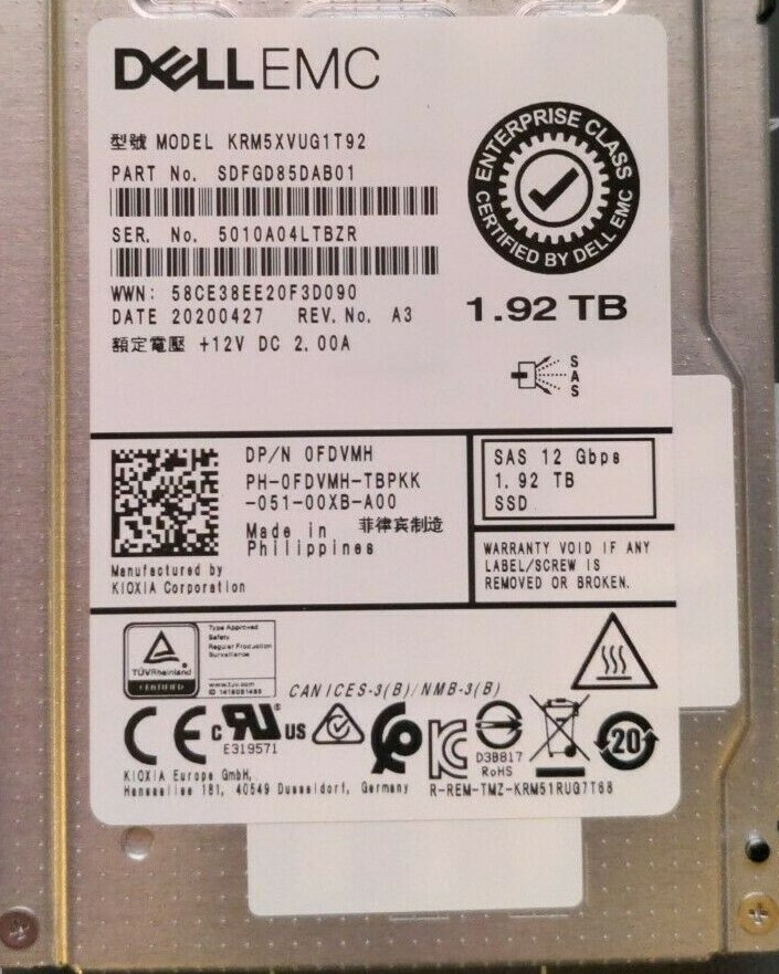 FDVMH DELL EMC TOSHIBA 1.92TB 12Gbps SAS MU MIX USE TLC 2.5 SSD KPM5XVUG1T92