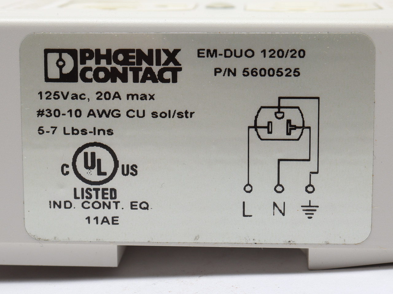 Phoenix Contact 5600525 EM-DUO 120VAC 20 Amp DIN Rail Mounted Dual Outlet