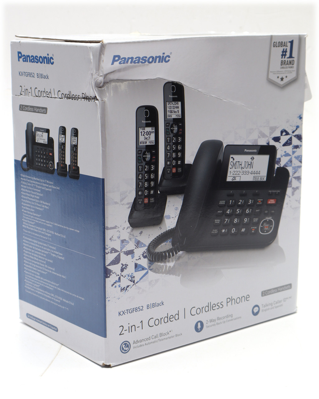 Panasonic KX-TGF852 Corded/Cordless Phone w/2 Cordless Handsets, Black