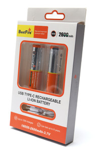 Bestfire 18650 2600mAh USB Type C Rechargeable Lithium Battery, 2pk