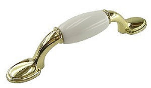 Bright Brass Handle with White Ceramic Insert for Drawers and Cabinets