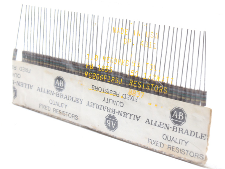 Allen Bradley RC20GF185J 1.8M Ohm 1/2 Watt 5% Carbon Resistors, 50pc Allen Bradley RC20GF185J 1.8M Ohm 1/2 Watt 5% Carbon Resistors, 50pc