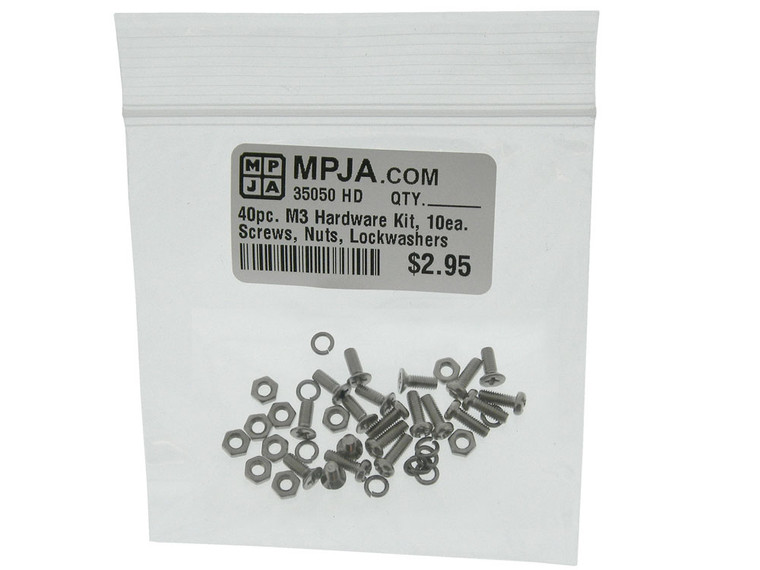 Pack of 40 - M3 Hardware Kit, 10ea. Screws, Nuts, Lockwashers