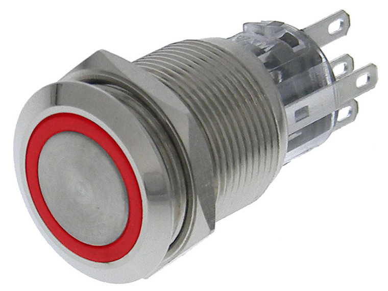 SPDT Lighted Pushbutton Switch, Alternate Action, 12V Red LED