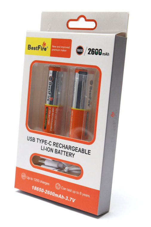 Bestfire 18650 2600mAh USB Type C Rechargeable Lithium Battery, 2pk
