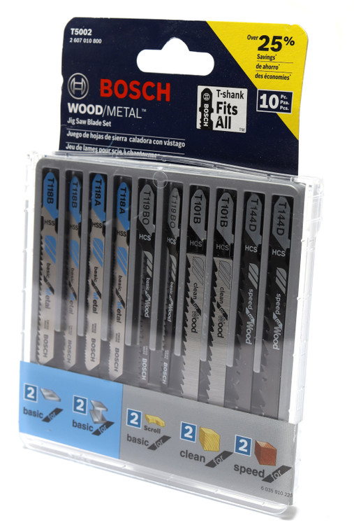 Bosch T5002 T-shank High-carbon Steel Jigsaw Blade Set, 10pc