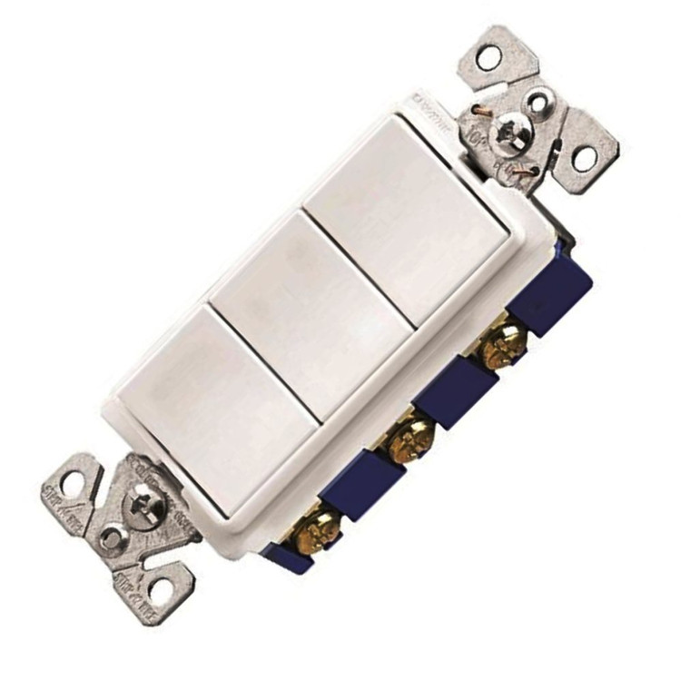 Combination Triple Single Pole Switch, with Ground, 120/277 Volt AC, White