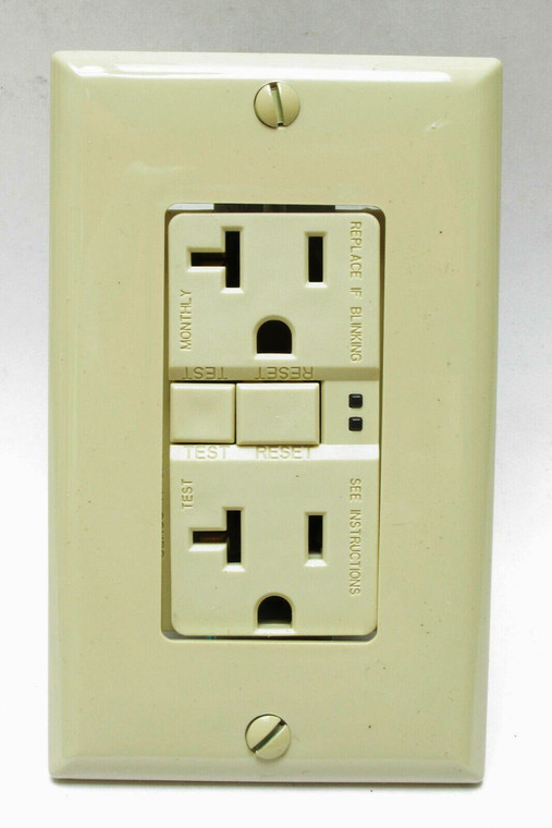 GFCI Duplex Outlet, 125 Volt AC, 20 Amp, Ivory