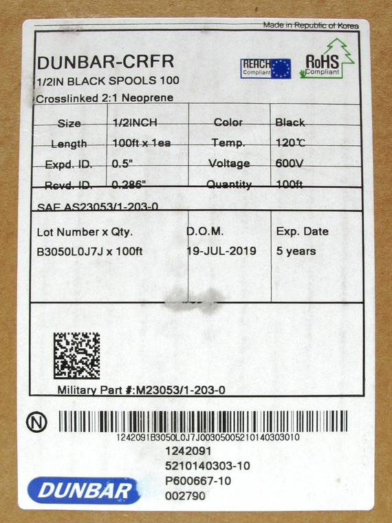 1/2 Inch Heat Shrink, 2:1 Shrink Ratio, Black 100 Foot, Dunbar M23053/1-203-0