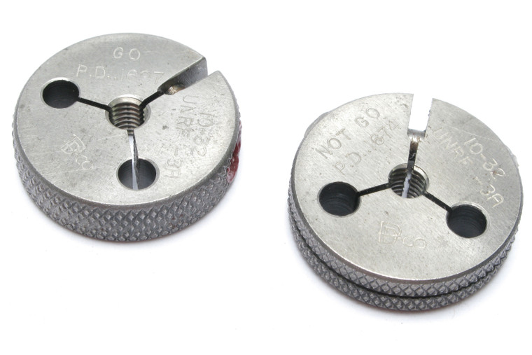Threaded Ring Gage, 10-32 Thread, UNRF, 3A Thread Class Go & No Go, pair