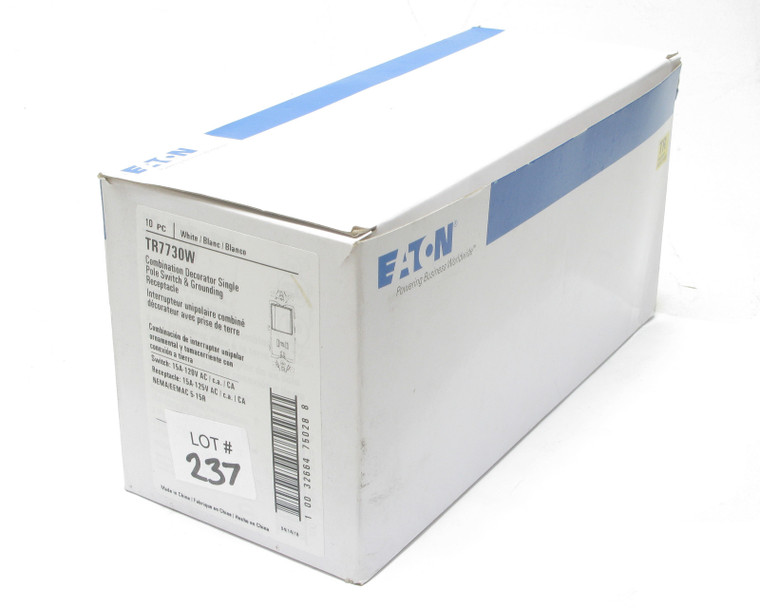 Eaton TR7730W Decora Switch w/Outlet, Tamper Resist, 120/277V 15A, White, 10-pak