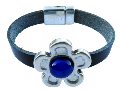 LILO Collections Flower Stone Bracelet - Blue Flower/BlackLeather