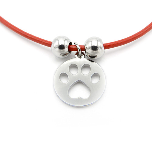 LILO Collections Paw Cutout Skinny necklace, pictured on red leather cord