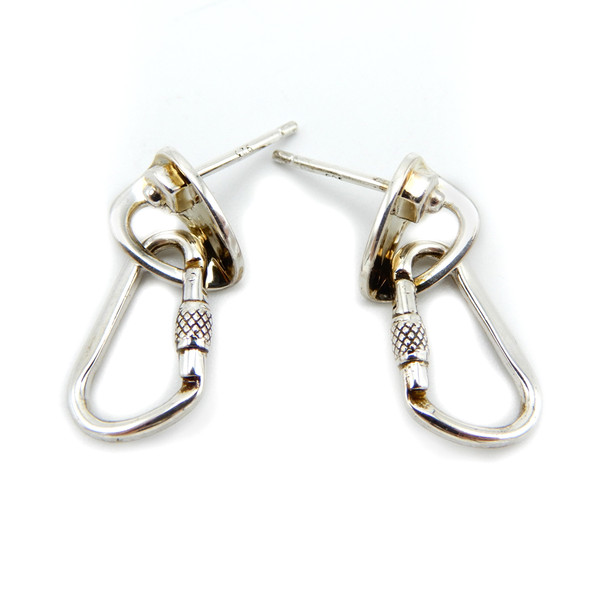 Frontal view of a pair of small silver carabiner earrings with stud backs. Great gift for climbers and the outdoorsy type in your life!